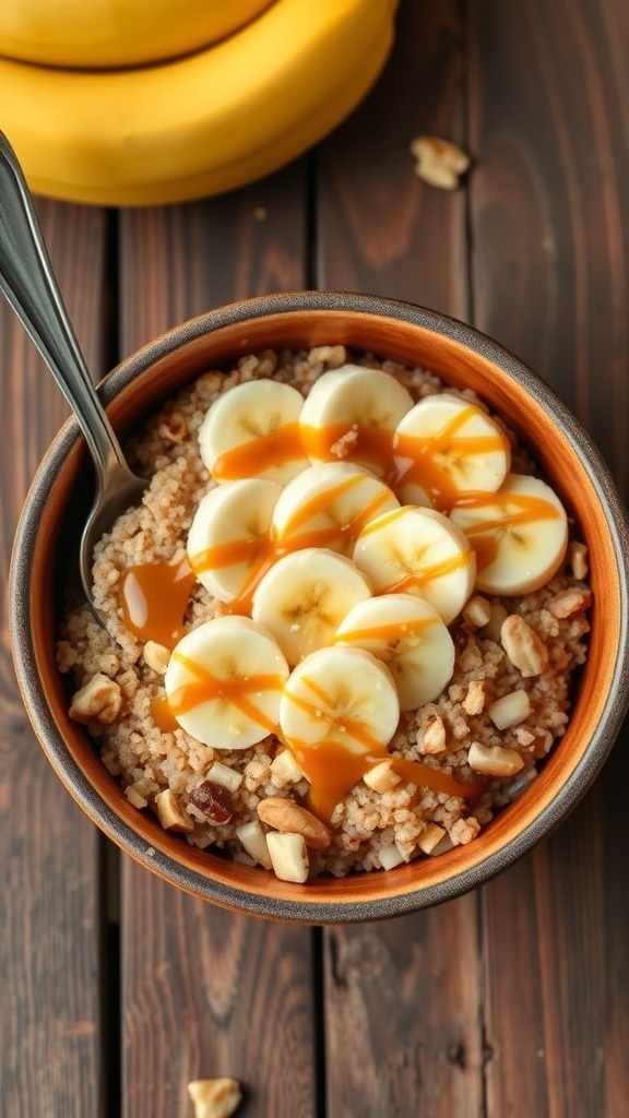 A sweet quinoa bowl with dulce de leche, fresh fruits, and nuts on a wooden table.
